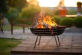 Barbecue with fire for grilling outdoors. Backyard of the house. Generative AI