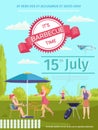 Barbecue food outdoor, bbq poster vector illustration. Cartoon party invitation design, cooking meat at picnic summer Royalty Free Stock Photo