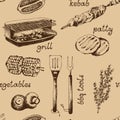 Barbecue food vector pattern, grill hand drawn meat products background