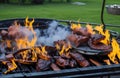 barbecue in the forest with fire closeup on the grill concept of enjoying summer with friends Royalty Free Stock Photo