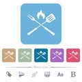 Barbecue fork and spatula with flame flat icons on color rounded square backgrounds