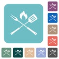 Barbecue fork and spatula with flame rounded square flat icons