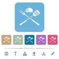 Barbecue fork and spatula with steak flat icons on color rounded square backgrounds