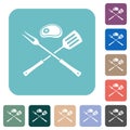 Barbecue fork and spatula with steak rounded square flat icons