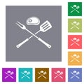 Barbecue fork and spatula with steak square flat icons