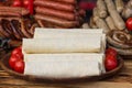 Barbecue fried meat and tomato rolls Royalty Free Stock Photo