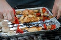 Barbecue in the garden, you can see skewers, chicken and mushrooms and peppers. Metal sheet over heated coals. Royalty Free Stock Photo