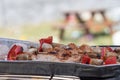 Barbecue in the garden, you can see skewers, chicken and mushrooms and peppers. Metal sheet over heated coals. Royalty Free Stock Photo