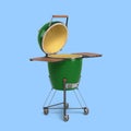 Barbecue green color with lid BBQ grill for outdoor prepare meat food perspective view 3d illustration