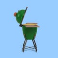 Barbecue green color with lid BBQ grill for outdoor prepare meat food right view 3d illustration