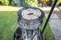 Barbecue grill bbq on coal charcoal grill with raw bratwurst sausages meat delicious summer meal Royalty Free Stock Photo