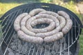 Barbecue grill bbq on coal charcoal grill with raw bratwurst sausages meat delicious summer meal