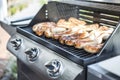 Barbecue grill bbq on propane gas grill steaks bratwurst sausages meat meal Royalty Free Stock Photo