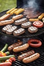 A barbecue grill with burger, hotdog and vegetable sizzling on the grate, food, printable