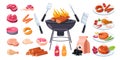 Barbecue grill. Cartoon bbq elements set, brazier coal kebab skewers sausages sauce meat steaks, picnic equipment to Royalty Free Stock Photo