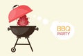 Barbecue grill elements isolated on light background. BBQ party poster. Meat restaurant at home. Charcoal kettle with tool, sauce