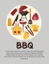 Barbecue grill elements isolated on light background. BBQ party poster. Meat restaurant at home. Charcoal kettle with tool, sauce