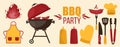 Barbecue grill elements set isolated on light background. BBQ party poster. Meat restaurant at home. Charcoal kettle with tool,