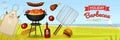 Barbecue grill elements set isolated on red background. BBQ party poster. Summer time. Meat restaurant at home. Charcoal