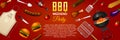 Barbecue grill elements set isolated on red background. BBQ party poster. Summer time. Meat restaurant at home. Charcoal