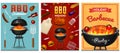 Barbecue grill elements set isolated on red background. BBQ party poster. Summer time. Meat restaurant at home. Charcoal