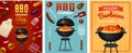 Barbecue grill elements set isolated on red background. BBQ party poster. Summer time. Meat restaurant at home. Charcoal