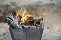 Barbecue grill with fire on nature, outdoor, close up