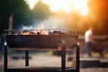 Barbecue grill with fire on open air. Blurred summer background. Generative AI