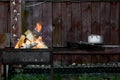 barbecue grill, firewood burns in the grill Royalty Free Stock Photo