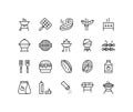 Barbecue and grill flat line icons set. Contains such Icons as BBQ, Grill, Steak, Bonfire, Gas and more. Simple flat Royalty Free Stock Photo