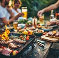 barbecue with grill, friends, beer and food at summer picnic.