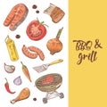 Barbecue and Grill Hand Drawn Background with Meat, Sausage and Vegetables. Picnic Party