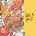 Barbecue and Grill Hand Drawn Design with Meat, Sausage and Vegetables. Picnic Party