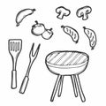 Barbecue grill hand-drawn outline doodle Set. BBQ Vector Illustration Barbecue party Sketch. Barbeque tools charcoal firewood and Royalty Free Stock Photo