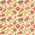 Barbecue and Grill Hand Drawn Seamless Background with Steak, Meat, Fish and Vegetables. Picnic Party Pattern Royalty Free Stock Photo