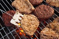 Barbecue grill. A man fries meat steaks and meatballs for hamburgers, turns the meat over with tongs.