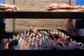 Barbecue grill with meat steaks and burning coals Royalty Free Stock Photo