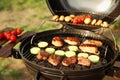 Barbecue grill with meat and vegetables outdoors, closeup. Camping cookout