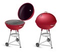 Barbecue grill open and closed realistic set. BBQ charcoal red device, cooking rack.