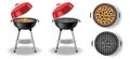Barbecue grill open and closed realistic set. Top view of BBQ charcoal red device with burning coal