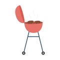 Barbecue, grill with roasting meat, steak. Barbecue equipment for a party, picnic, backyard. Cooking on coals. Flat vector