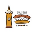 Barbecue or grill sausage with ketchup. Vector icon of bbq on fork for picnic party Royalty Free Stock Photo