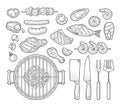 Barbecue grill set with kebab, sausage, chicken leg, steak, fish, oyster, shrimp, lemon. Vintage black vector engraving