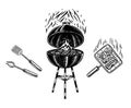 Barbecue grill set in vintage style. Drawn by hand. Bbq party ingredients. Hot grill food, beer and tools, vegetables Royalty Free Stock Photo