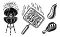 Barbecue grill set in vintage style. Drawn by hand. Bbq party ingredients. Hot grill food, beer and tools, vegetables Royalty Free Stock Photo