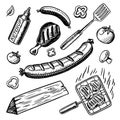 Barbecue grill set in vintage style. Drawn by hand. Bbq party ingredients. Hot grill food, beer and tools, vegetables Royalty Free Stock Photo