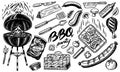 Barbecue grill set in vintage style. Drawn by hand. Bbq party ingredients. Hot grill food, beer and tools, vegetables Royalty Free Stock Photo