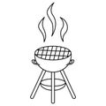 Barbecue grill. Sketch. Steam is emitted from the heated grate. Large cauldron with handles and legs for cooking meat, poultry