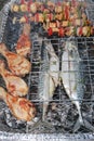 Barbecue grill with stuffed fish and meat Royalty Free Stock Photo