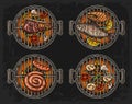 Barbecue grill top view with charcoal, mushroom, tomato, pepper, sausage, lemon, fish and beef steak. Food restaurant menu Royalty Free Stock Photo